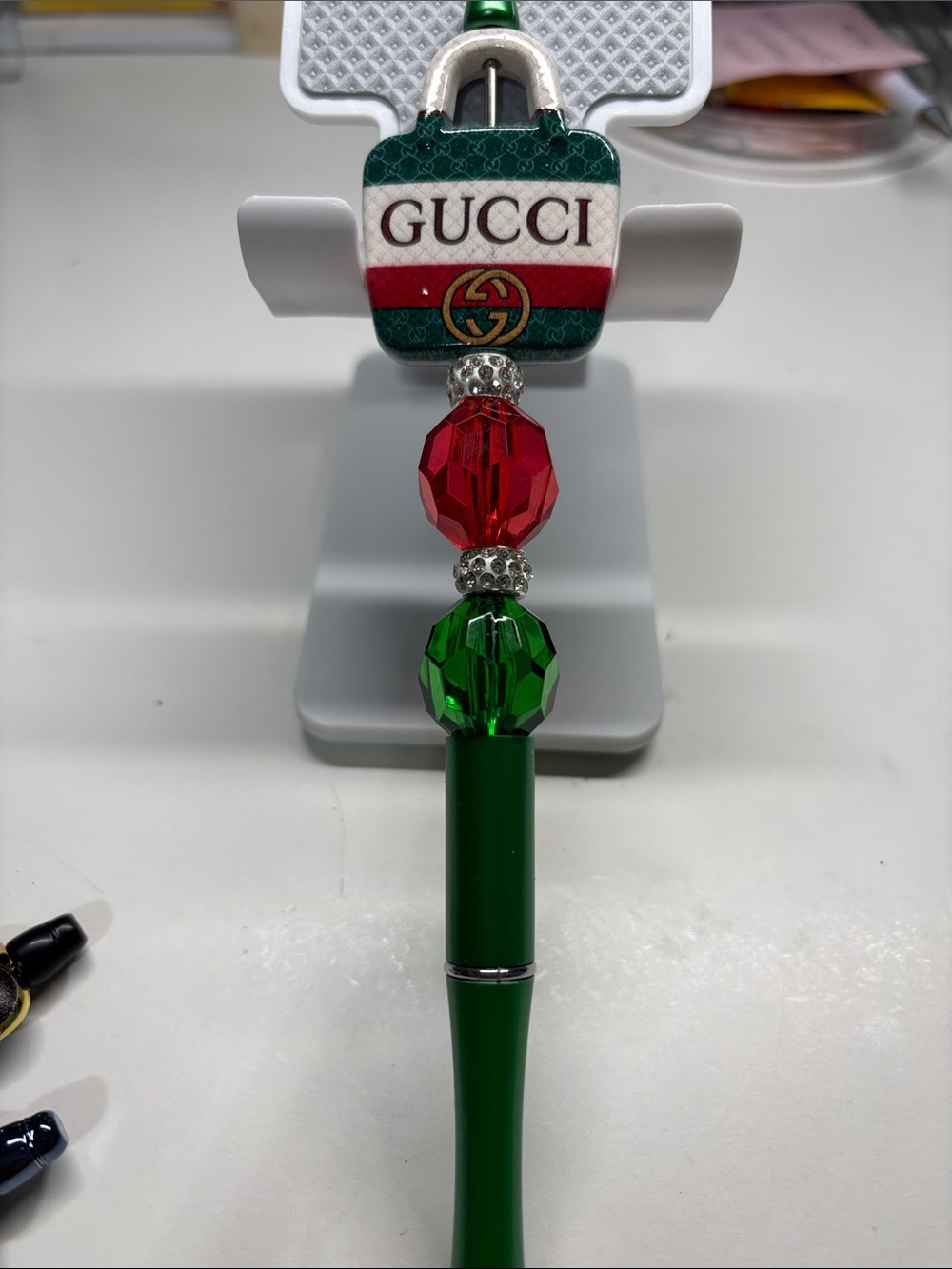 Red and Green Beaded Pen with Logo Accent